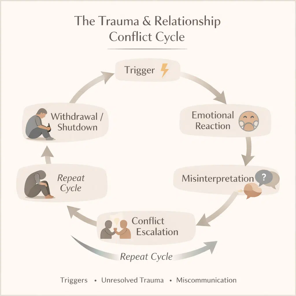 Infographic showing cycle of trauma responses in marriage including trigger, reaction, escalation, withdrawal, and repeat cycle Image